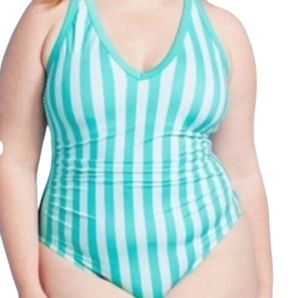 Kona Sol Plus One Piece Green Stripe Print V-Neck Bathing Suit 14 16 22 24 - Picture 1 of 10